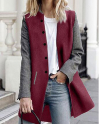  Stylish Turndown Collar Patchwork Wine+Grey Polyester Coat