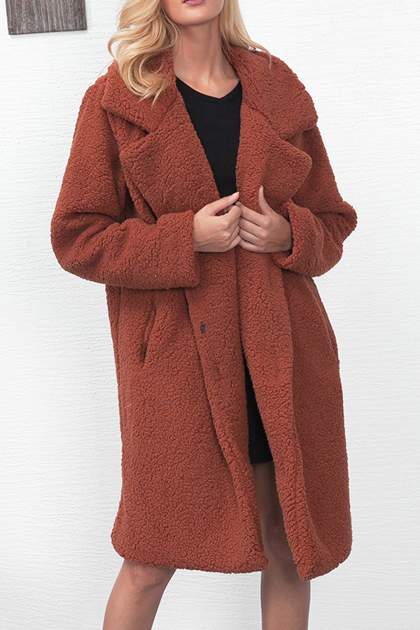 Trendy Turndown Collar Long Sleeves Light Tan Faux Fur Long Wool Coat