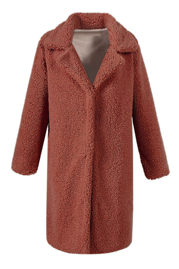 Trendy Turndown Collar Long Sleeves Light Tan Faux Fur Long Wool Coat