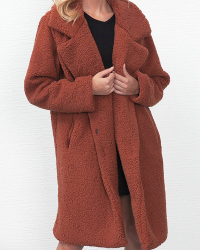 Trendy Turndown Collar Long Sleeves Light Tan Faux Fur Long Wool Coat