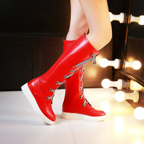 Fashion Spring Autumn  Round Toe Lace Up Flat Low Heel Red PU Knee High Boots