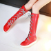 Fashion Spring Autumn  Round Toe Lace Up Flat Low Heel Red PU Knee High Boots