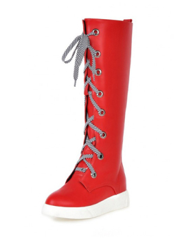 Fashion Spring Autumn  Round Toe Lace Up Flat Low Heel Red PU Knee High Boots