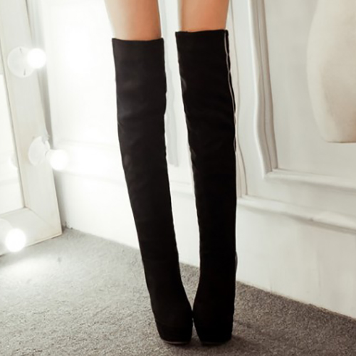 Fashion Winter Round Toe Slip On Patchwork Stiletto Super High Heel Black PU Over The Knee Cavalier Boots