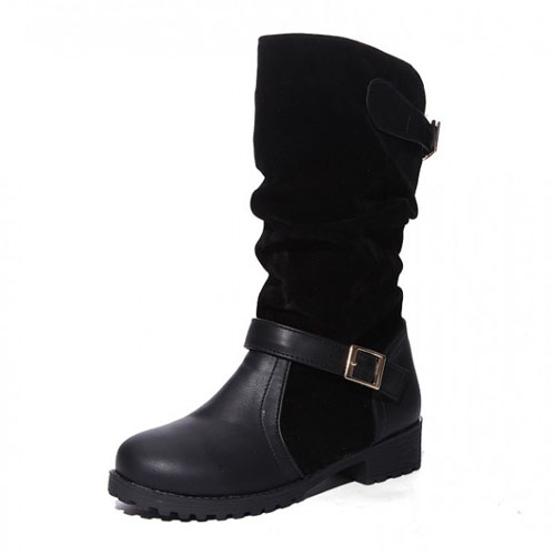 Spring Autumn  Round Toe Flat Mid Heel Black PU Slip On Mid Calf Buckle Cavalier Boots