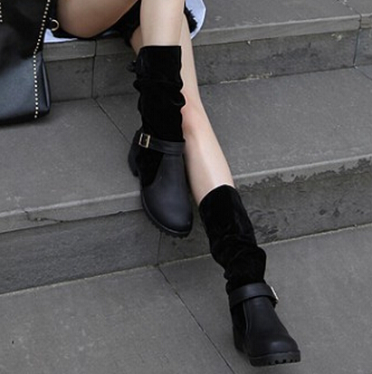 Spring Autumn  Round Toe Flat Mid Heel Black PU Slip On Mid Calf Buckle Cavalier Boots