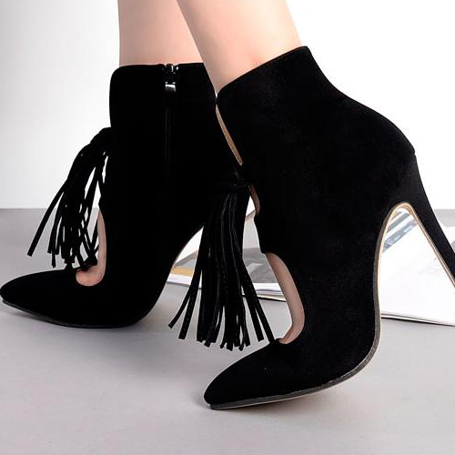 Stylish Pointed Closed Toe Tassel Design Stiletto Super High Heel Black PU Boots