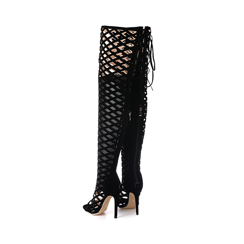 Stylish Pointed Peep Toe Hollow-out Stiletto Super High Heel Black Suede Over The Knee Boots