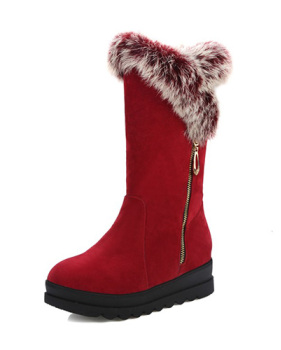 Stylish Round Toe Zipper Design Low Heel Red Suede Snow Boots