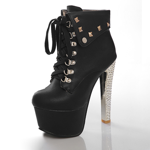 Trendy Round Toe Rivet Decorative Chunky Super High Heel Black PU Short Martin Boots