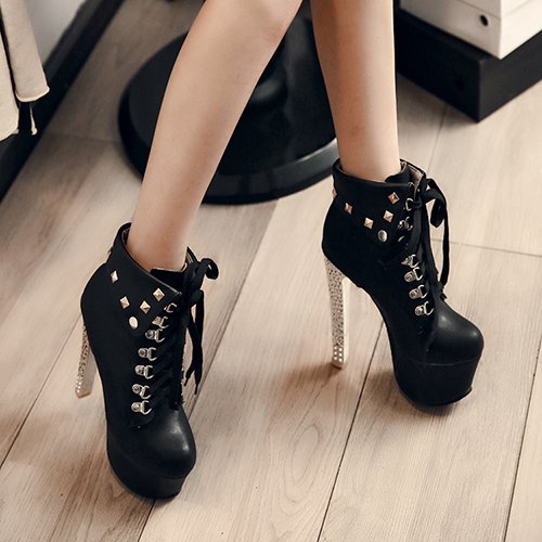 Trendy Round Toe Rivet Decorative Chunky Super High Heel Black PU Short Martin Boots