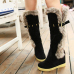 Winter Round Toe Patchwork Mid Heel Black Suede Mid Calf Feathers Snow Boots