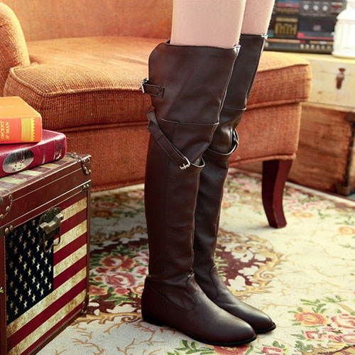 Winter Round Toe Slip On Buckle Decorated Flat Low Heel Brown PU Over The Knee Cavalier Boots