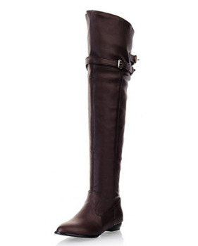 Winter Round Toe Slip On Buckle Decorated Flat Low Heel Brown PU Over The Knee Cavalier Boots