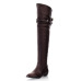 Winter Round Toe Slip On Buckle Decorated Flat Low Heel Brown PU Over The Knee Cavalier Boots