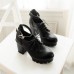 Cheap Fashion  Round Closed Toe Lace-up Chunky High Heels Black PU Pumps