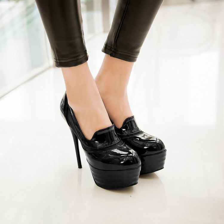 Fashion Round Closed Toe Stiletto Super High Heels BLack PU Pumps