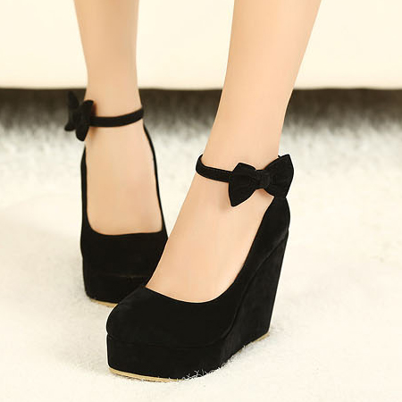 Fashion Round Closed Toe Super High Wedges Black Suede Ankle Strap Pumps