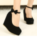 Fashion Round Closed Toe Super High Wedges Black Suede Ankle Strap Pumps