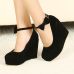 Fashion Round Closed Toe Super High Wedges Black Suede Ankle Strap Pumps