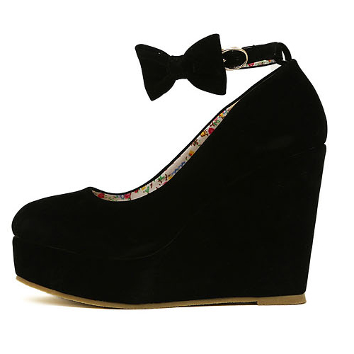 Fashion Round Closed Toe Super High Wedges Black Suede Ankle Strap Pumps