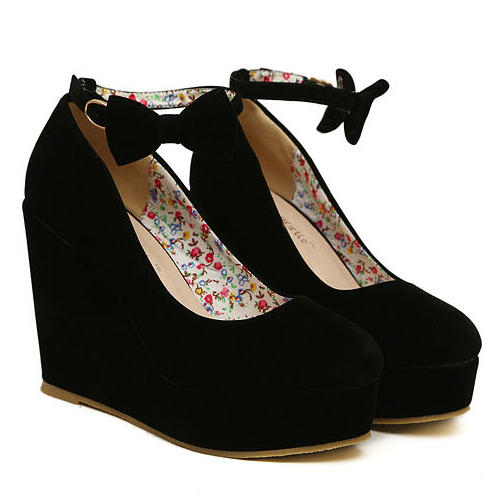 Fashion Round Closed Toe Super High Wedges Black Suede Ankle Strap Pumps