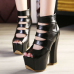 Fashion Round Peep Toe Cut-out Platform Chunky Super High Heel Black PU Basic Pumps