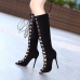 Fashion Round Peep Toe Hollow-out Lace-up Stiletto Super High Heel Black PU Basic Pumps