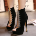 Fashion Round Peep Toe Lace-up Stiletto Super High Heel Black PU Basic Pumps