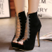 Fashion Round Peep Toe Lace-up Stiletto Super High Heel Black PU Basic Pumps