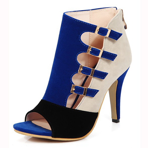 Stylish Open-Toed Buckle Color Block Patchwork Stiletto Super High Heel Blue PU Basic Pumps