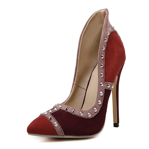 Stylish Pointed Closed Toe Rivet Decorative Stiletto Super High Heel Wine Red PU Basic Pumps