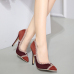 Stylish Pointed Closed Toe Rivet Decorative Stiletto Super High Heel Wine Red PU Basic Pumps