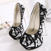 Stylish Round Toe Closed Toe Sequined Decorative Stiletto Super High Heel Black PU Basic Pumps