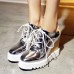 Sweet Style Square Closed Toe Lace-up Wedges Super High Heel Silver PU Basic Pumps