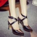 Trendy Pointed Closed Toe Bandage Stiletto Super High Heel Black PU Cross Strap Pumps