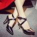 Trendy Pointed Closed Toe Bandage Stiletto Super High Heel Black PU Cross Strap Pumps