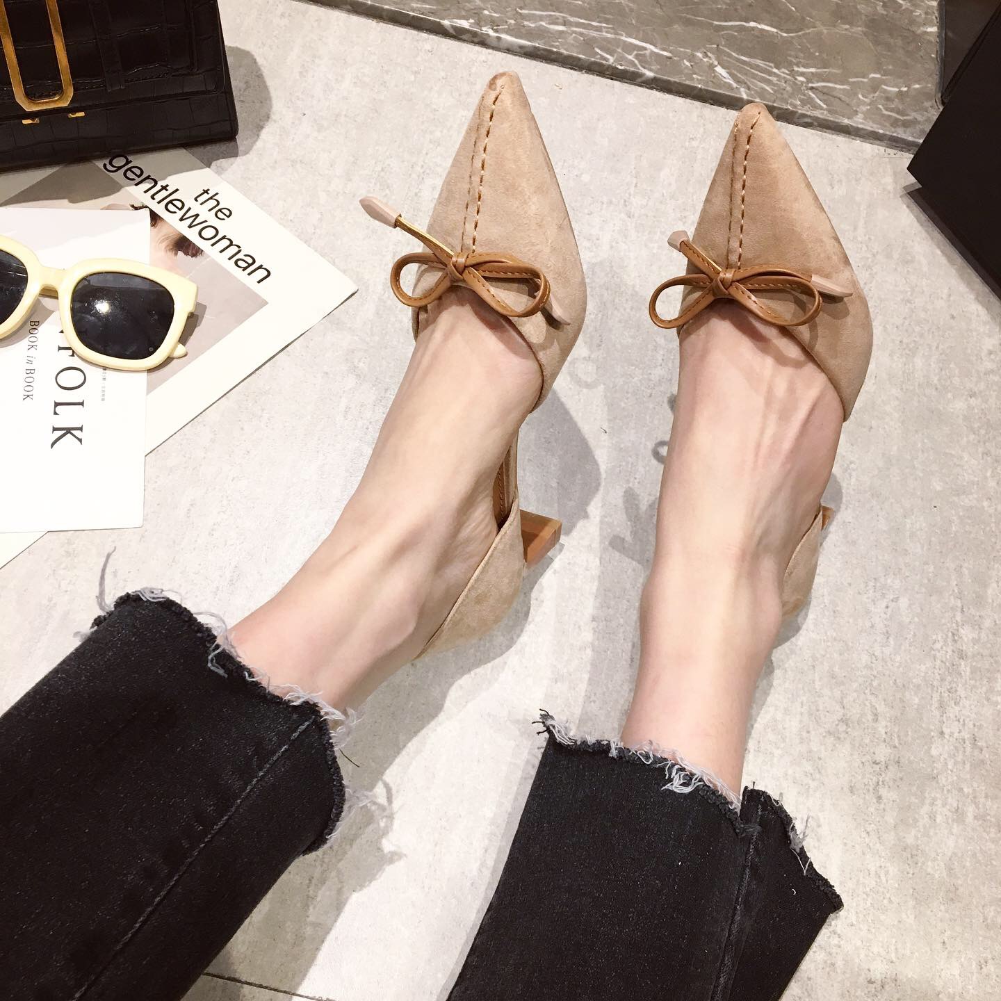 2019 New fashion versatile pointy shoes women's bow shoes #95019