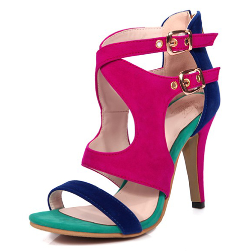 Stylish Open-Toed Color Block Patchwork Hollow-out Stiletto Super High Heel Dark Blue PU Sandals