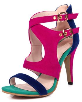 Stylish Open-Toed Color Block Patchwork Hollow-out Stiletto Super High Heel Dark Blue PU Sandals