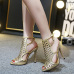 Trendy  Open Toe Hollow-out Stiletto Super High Heel Gold PU Sandals