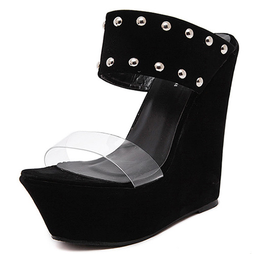 Trendy Open-toe Rivet Decorative Wedge Super High Heel Black PU Sandals