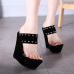 Trendy Open-toe Rivet Decorative Wedge Super High Heel Black PU Sandals