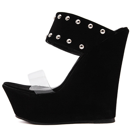 Trendy Open-toe Rivet Decorative Wedge Super High Heel Black PU Sandals