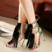 Trendy Peep Toe Patchwork Striped Tassels Decorated Stiletto Super High Heel Black PU Ankle Wrap Sandals