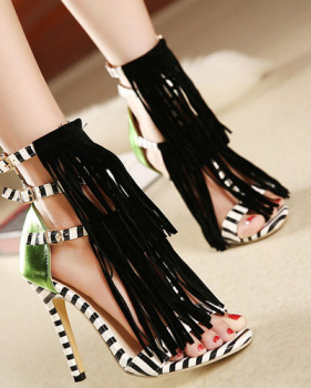 Trendy Peep Toe Patchwork Striped Tassels Decorated Stiletto Super High Heel Black PU Ankle Wrap Sandals