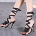 Trendy Round Peep Toe Cross Lace-up Hollow-out Stiletto Super High Heel Black PU Strap Sandals