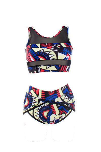 Charming Round Neck Printed Polyester Two-piece Swimwear