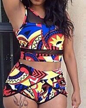 Charming Round Neck Printed Polyester Two-piece Swimwear