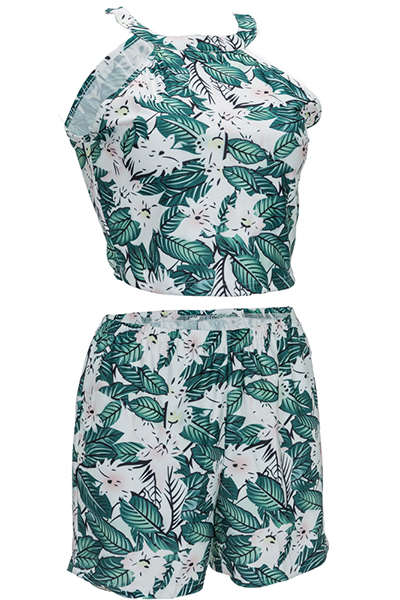 Euramerican Round Neck Sleeveless Floral Print Nylon Two-piece Shorts Set